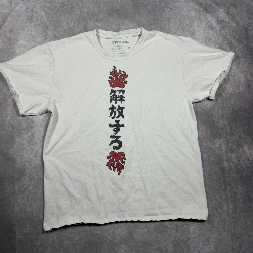 Vitriol Mens White Graphic T-Shirt Anime Kanji Y'all Got Me Pressed Large Skater